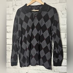 Haggar Argyle Sweater Mens Large Gray Black Grandpa Core Pullover